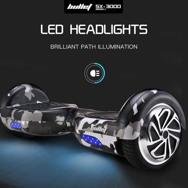 BULLET Electric Hoverboard Scooter 6.5 Inch Wheels, Colour LED Lighting, Carry Bag, Gen III – Camo Grey