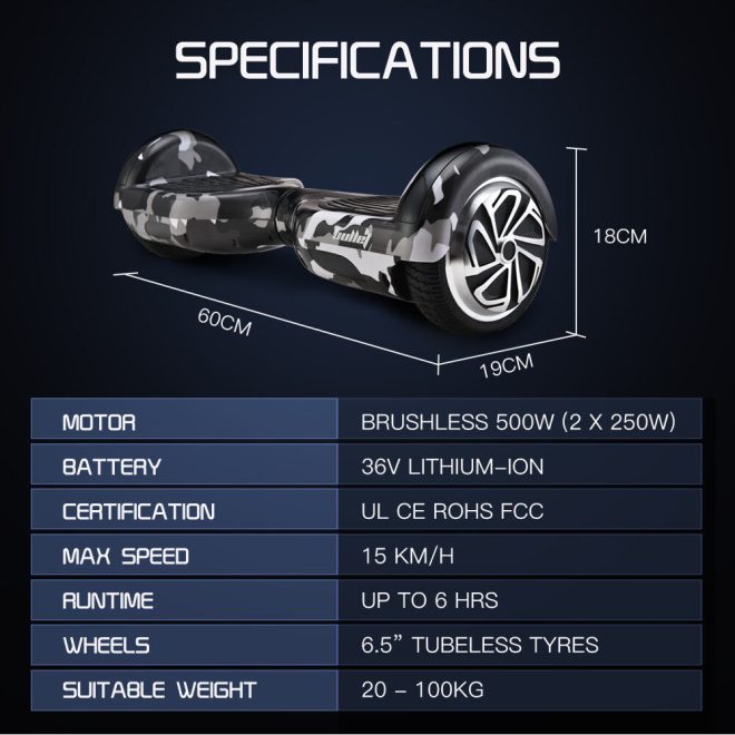 BULLET Electric Hoverboard Scooter 6.5 Inch Wheels, Colour LED Lighting, Carry Bag, Gen III – Camo Grey