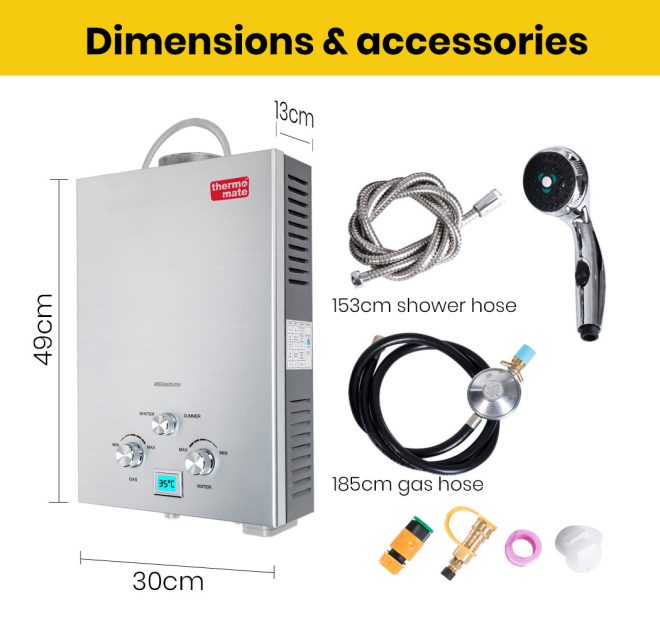 Thermomate Outdoor Water Heater Gas Camping Portable Tankless Hot Shower. – Silver