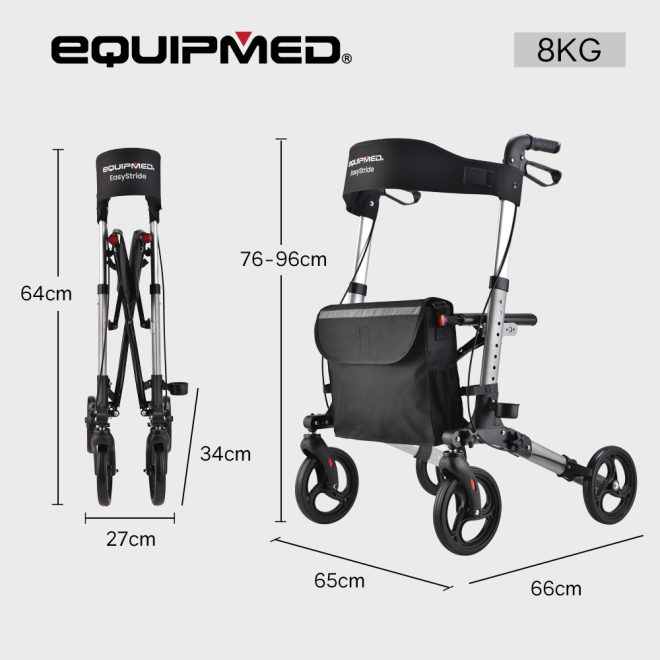 EQUIPMED Foldable Aluminium Walking Frame Rollator with Bag and Seat – Silver