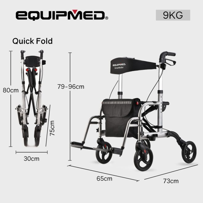 EQUIPMED 2-in-1 Folding Rollator Wheelchair Adjustable Mobility Walker w/ Park Brakes & Bag, Silver