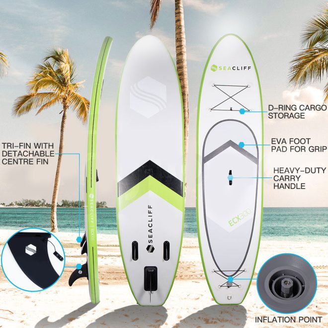 SEACLIFF 10ft Stand Up Paddleboard Paddle Board SUP Inflatable Standing Blow 10′ – Lime Green and White and Black