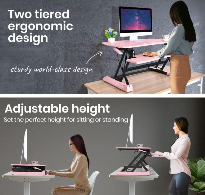 FORTIA Height Adjustable Standing Desk Riser Sit/Stand Computer Desktop Office. – Pink