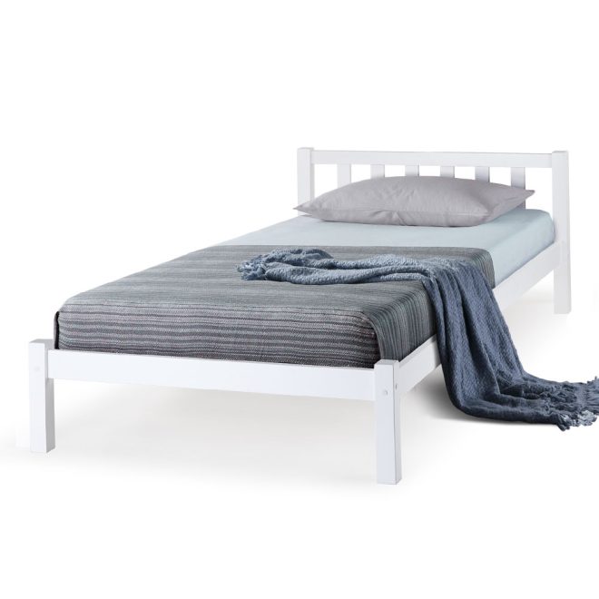 Kingston SlSingle Bed Frame With Mattress White Girls Wooden Timber Adults Boys Slat Modern