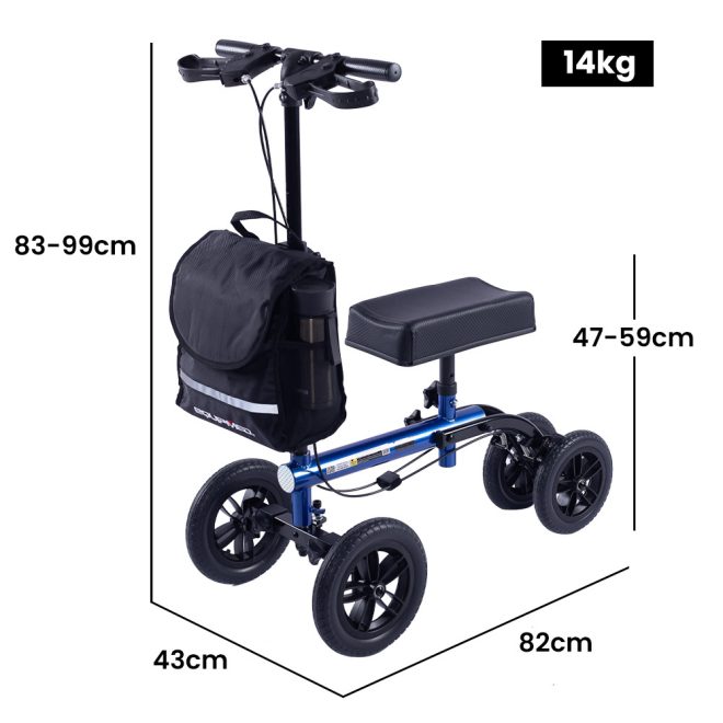 Knee Scooter Walker, 10 inch Tyres Dual Brakes Bag – Broken Leg Ankle Foot Mobility – Crutches Alternative – Blue