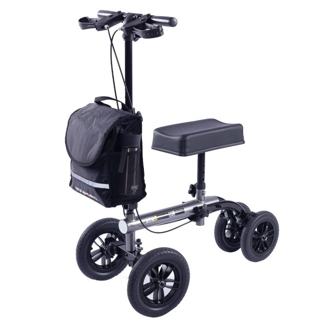 Knee Scooter Walker, 10 inch Tyres Dual Brakes Bag – Broken Leg Ankle Foot Mobility – Crutches Alternative – Titanium colour