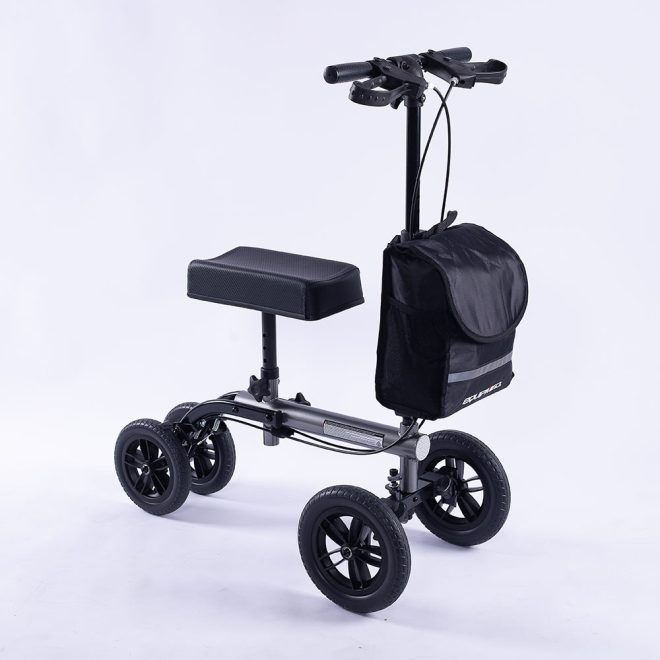 Knee Scooter Walker, 10 inch Tyres Dual Brakes Bag – Broken Leg Ankle Foot Mobility – Crutches Alternative – Titanium colour