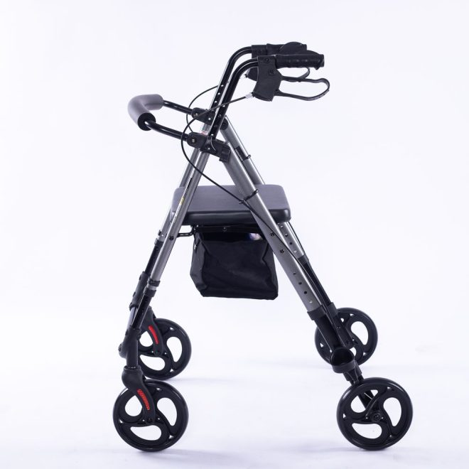 EQUIPMED 4 Wheel Lightweight Rollator Walker, Aluminium Frame, Seat, Carry Bag, for Seniors, Titanium Style