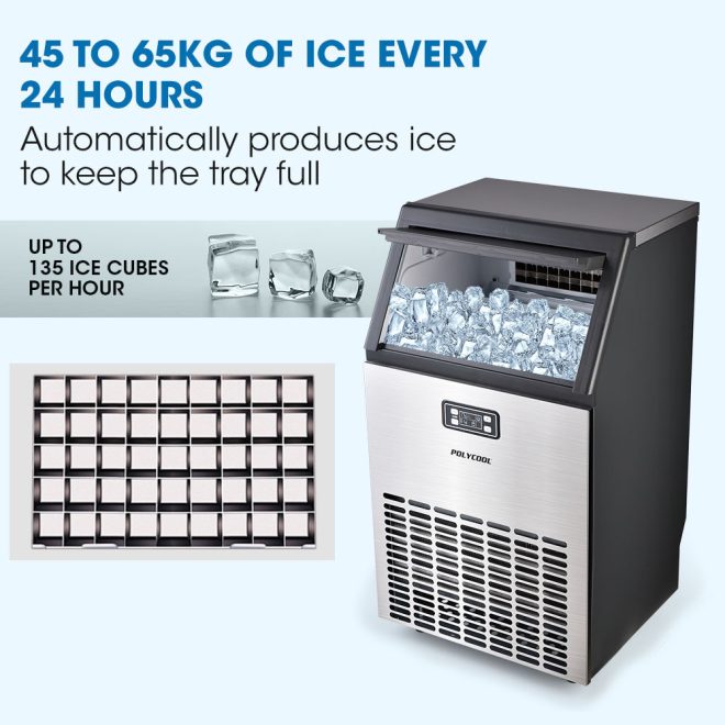 POLYCOOL Ice Cube Maker 45-65kg Commercial Ice Machine Stainless Steel Automatic with LCD Screen