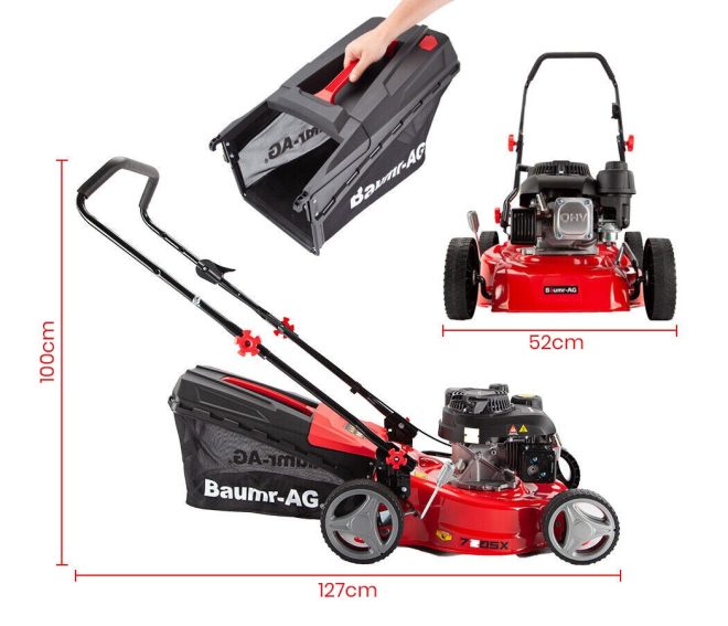 Baumr-AG Lawn Mower 139CC 17 Petrol Push Lawnmower 4-Stroke Engine Catch. – Red