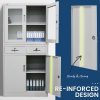 4-Door Lockable Steel Stationery Storage Cabinet, Display Windows, 2 Drawers, Grey