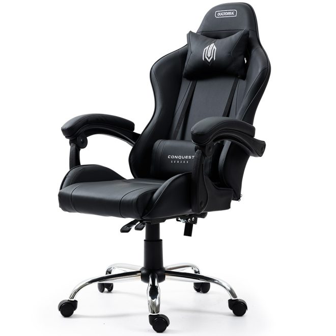 OVERDRIVE Conquest Series Reclining Gaming Ergonomic Office Chair with Lumbar and Neck Pillows – Black