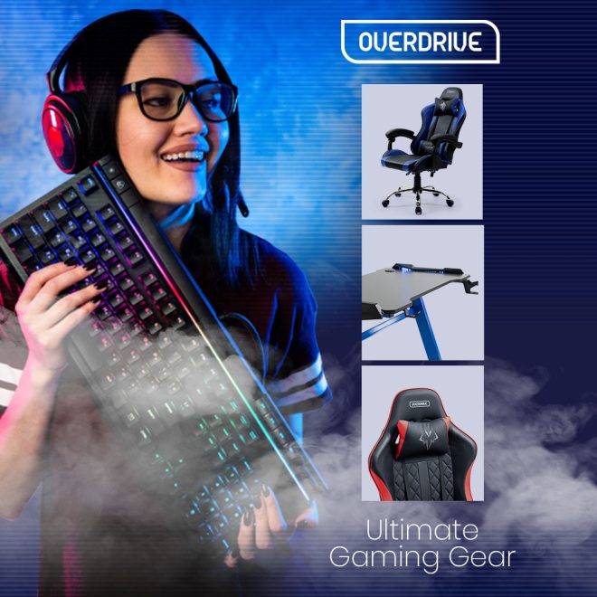 OVERDRIVE Conquest Series Reclining Gaming Ergonomic Office Chair with Lumbar and Neck Pillows – Black