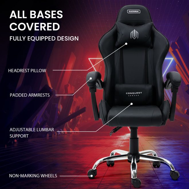 OVERDRIVE Conquest Series Reclining Gaming Ergonomic Office Chair with Lumbar and Neck Pillows – Black