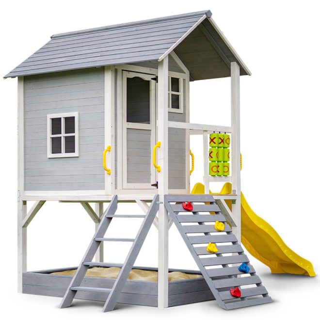 ROVO KIDS Wooden Tower Cubby House with Slide, Sandpit, Climbing Wall, Noughts & Crosses – Grey