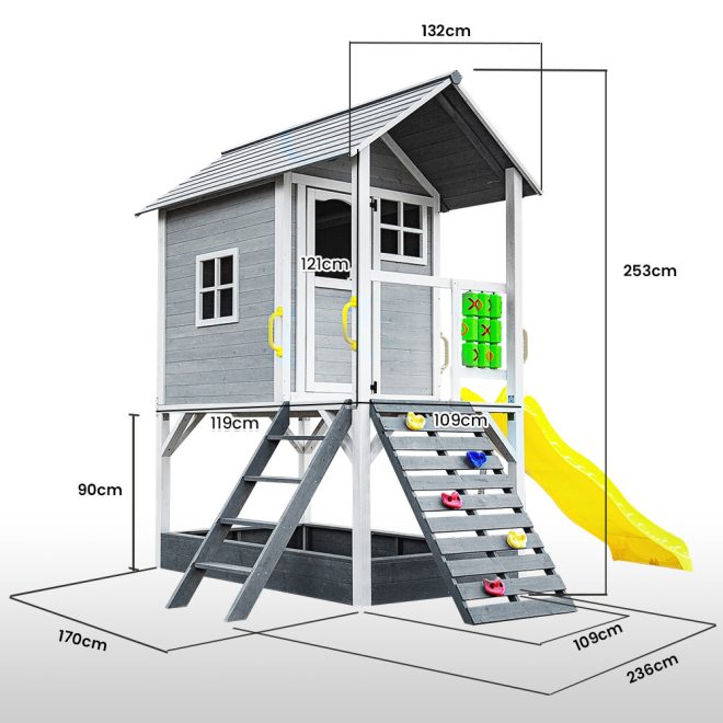 ROVO KIDS Wooden Tower Cubby House with Slide, Sandpit, Climbing Wall, Noughts & Crosses – Grey