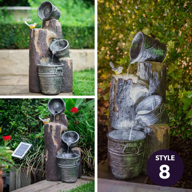 PROTEGE Solar Fountain Water Feature Outdoor Bird Bath with LED Lights – Charcoal