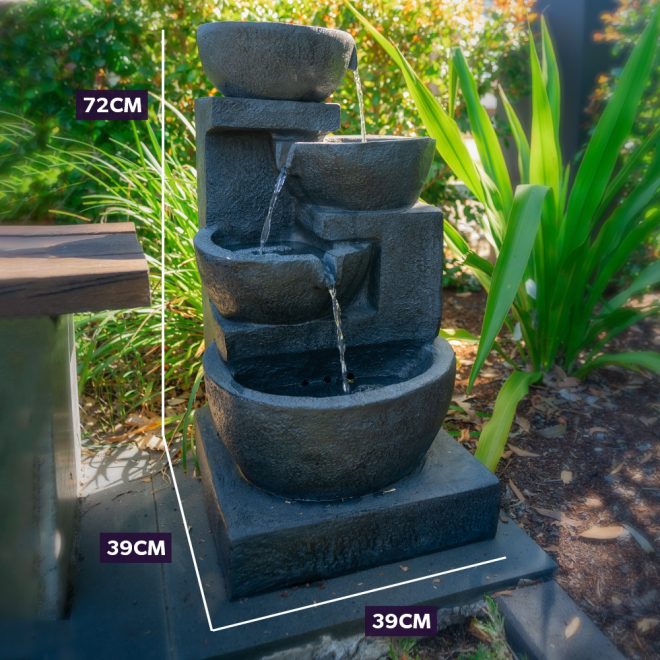 PROTEGE Solar Fountain Water Feature Outdoor 4 Bowl with LED Lights – Charcoal