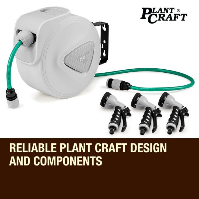 PLANTCRAFT Retractable Garden Water Hose Reel Storage Spray Gun Rewind – 10 M