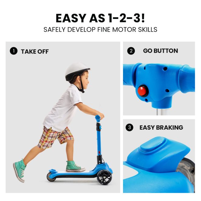 ROVO KIDS 3-Wheel Electric Scooter, Ages 3-8, Adjustable Height, Folding, Lithium Battery – Blue