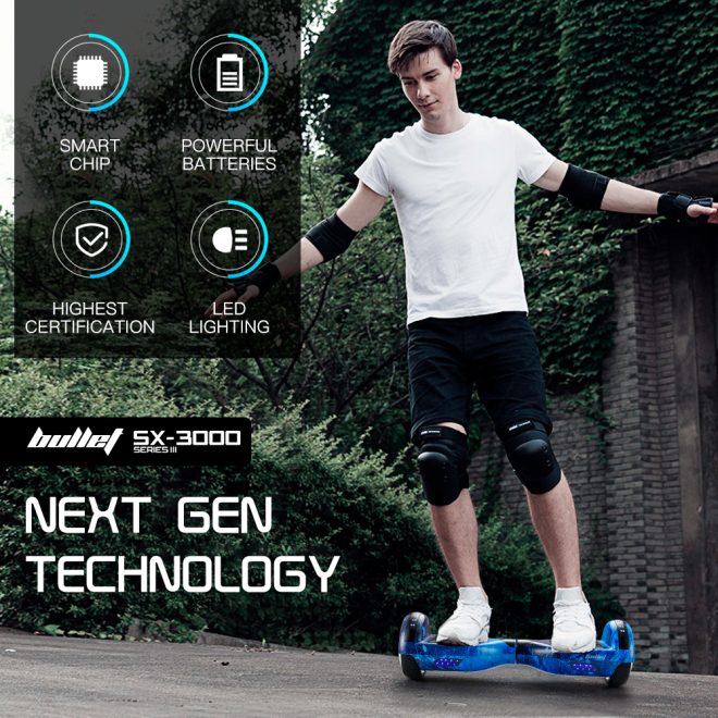 BULLET Electric Hoverboard Scooter 6.5 Inch Wheels, Colour LED Lighting, Carry Bag, Gen III – Blue Galaxy