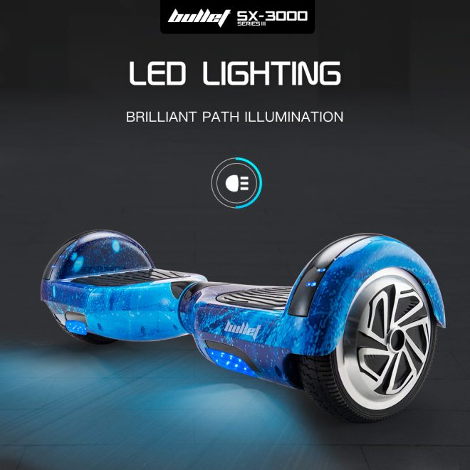 BULLET Electric Hoverboard Scooter 6.5 Inch Wheels, Colour LED Lighting, Carry Bag, Gen III – Blue Galaxy