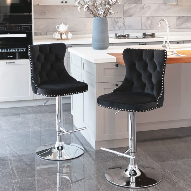 2x Height Adjustable Swivel Bar Stool Velvet Studs Barstool with Footrest and Chromed Base – Black