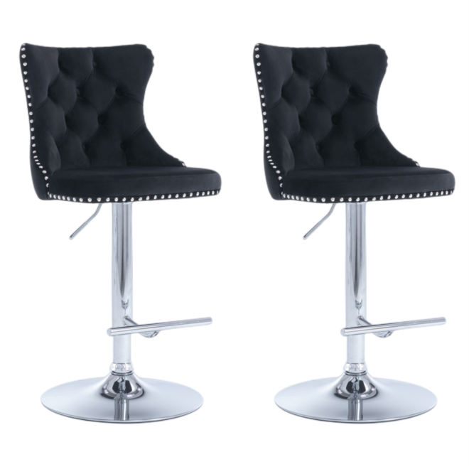 2x Height Adjustable Swivel Bar Stool Velvet Studs Barstool with Footrest and Chromed Base – Black