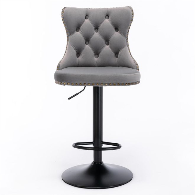 4x Height Adjustable Swivel Bar Stool Velvet Nailhead Barstool with Footrest