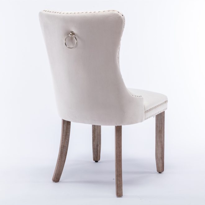 6x Velvet Dining Chairs Upholstered Tufted Kithcen Chair with Solid Wood Legs Stud Trim and Ring-Beige