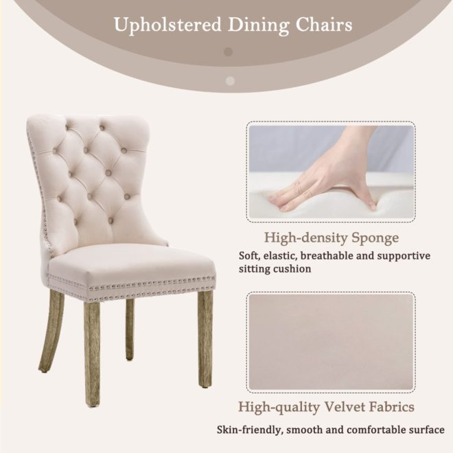 6x Velvet Dining Chairs Upholstered Tufted Kithcen Chair with Solid Wood Legs Stud Trim and Ring-Beige