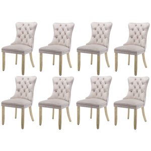 8x Velvet Dining Chairs Upholstered Tufted Kithcen Chair with Solid Wood Legs Stud Trim and Ring-Beige