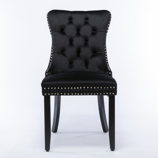 6x Velvet Dining Chairs Upholstered Tufted Kithcen Chair with Solid Wood Legs Stud Trim and Ring-Black