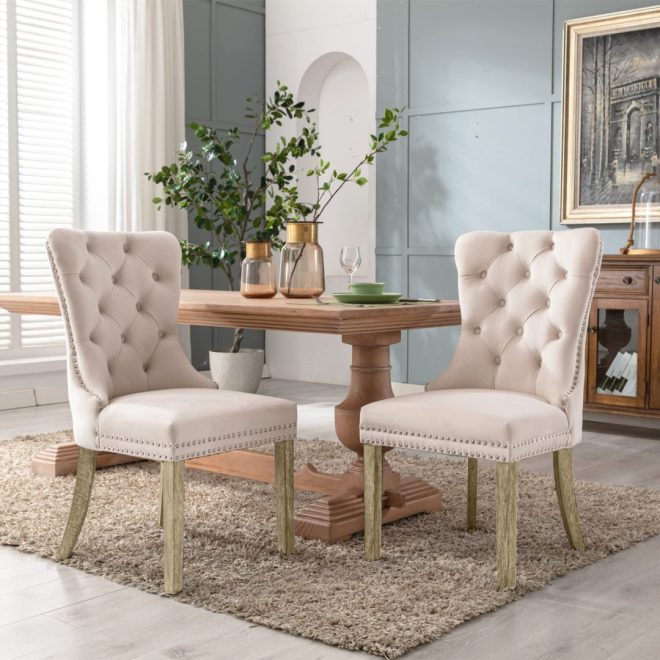 2x Velvet Dining Chairs Upholstered Tufted Kithcen Chair with Solid Wood Legs Stud Trim and Ring – Beige