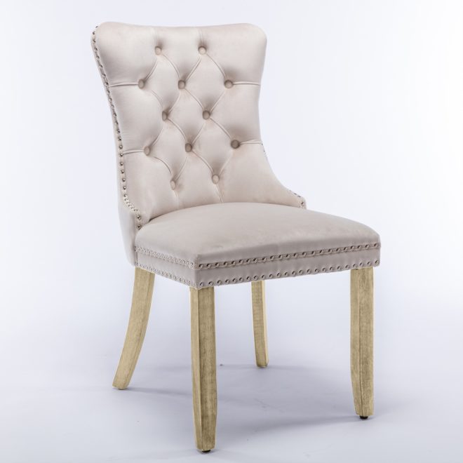 2x Velvet Dining Chairs Upholstered Tufted Kithcen Chair with Solid Wood Legs Stud Trim and Ring – Beige