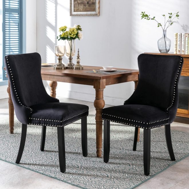 4x Velvet Upholstered Dining Chairs Tufted Wingback Side Chair with Studs Trim Solid Wood Legs for Kitchen