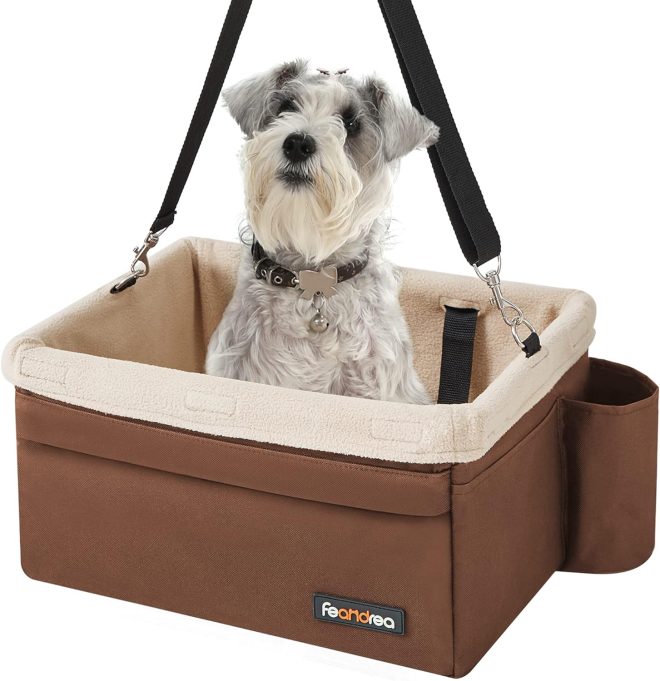 Dog Car Seat for Small Dogs up to 8kg with Adjustable Straps Removable Washable Fleece Liner and 4 Pockets Brown and Beige PBS042K01