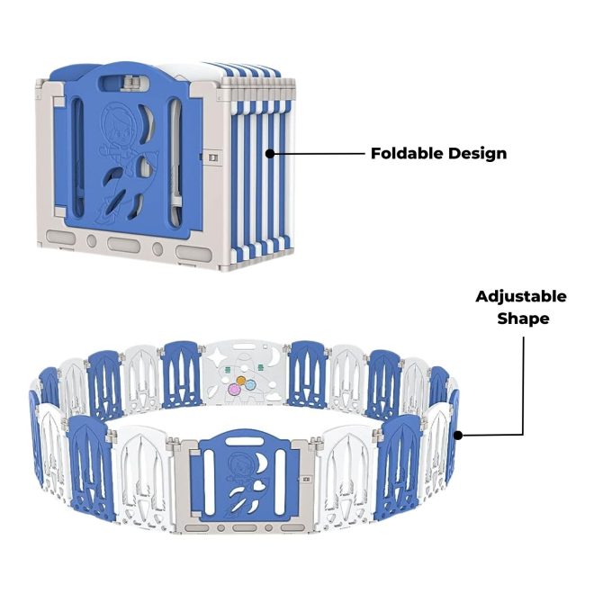 Foldable Baby Playpen with 22 Panels (White Blue)