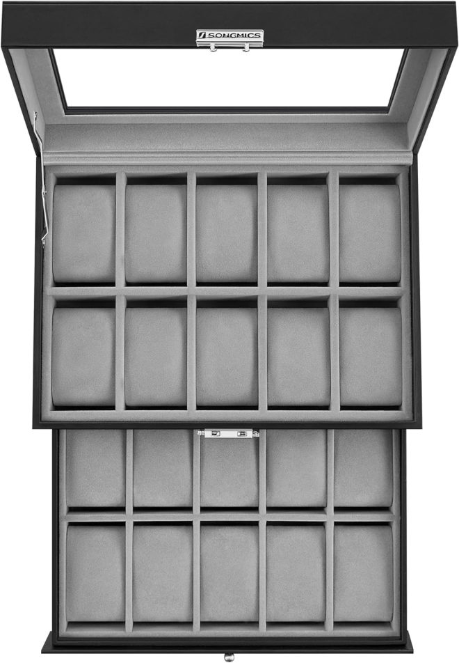 20-Slot Watch Box with Glass Lid 2 Layers Black Synthetic Leather Gray Lining