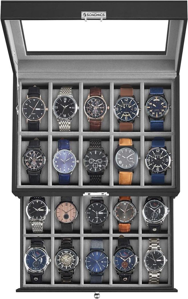 20-Slot Watch Box with Glass Lid 2 Layers Black Synthetic Leather Gray Lining