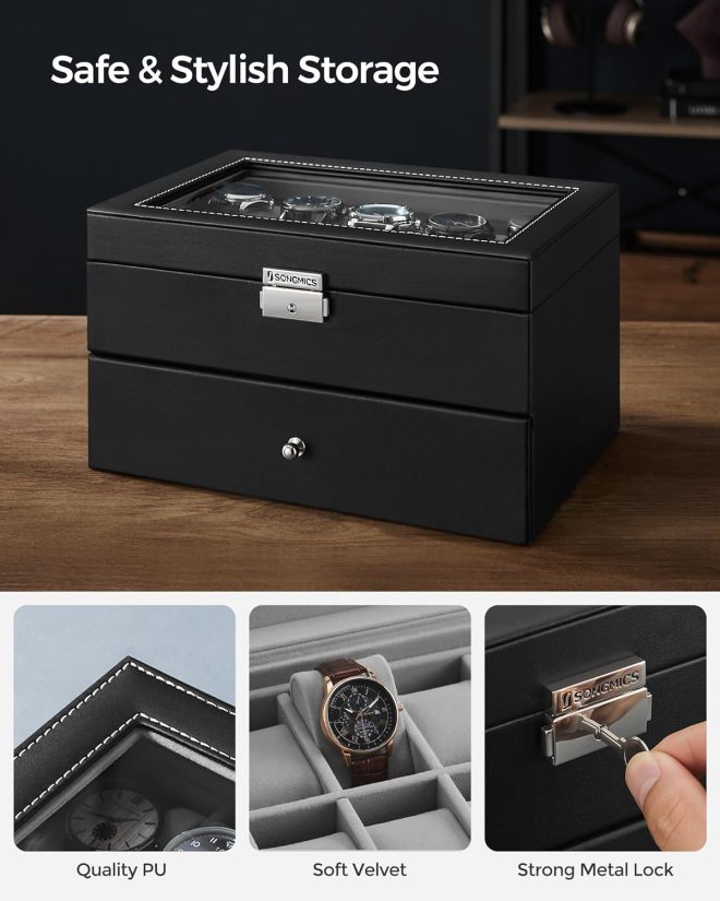 20-Slot Watch Box with Glass Lid 2 Layers Black Synthetic Leather Gray Lining