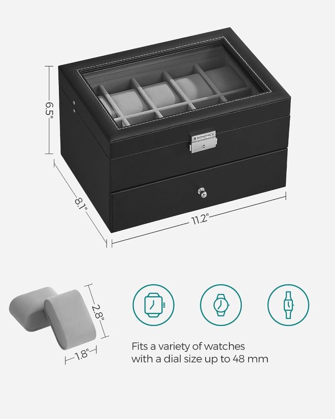 20-Slot Watch Box with Glass Lid 2 Layers Black Synthetic Leather Gray Lining