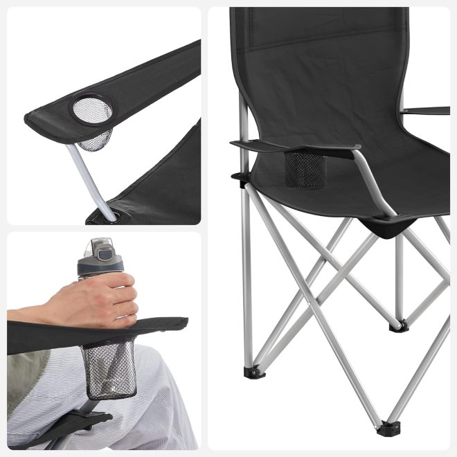 Set of 2 Folding Camping Outdoor Chairs with Armrests and Cup Holders Black GCB01BK