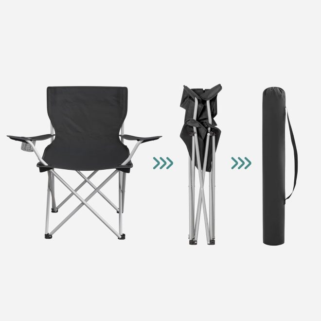 Set of 2 Folding Camping Outdoor Chairs with Armrests and Cup Holders Black GCB01BK