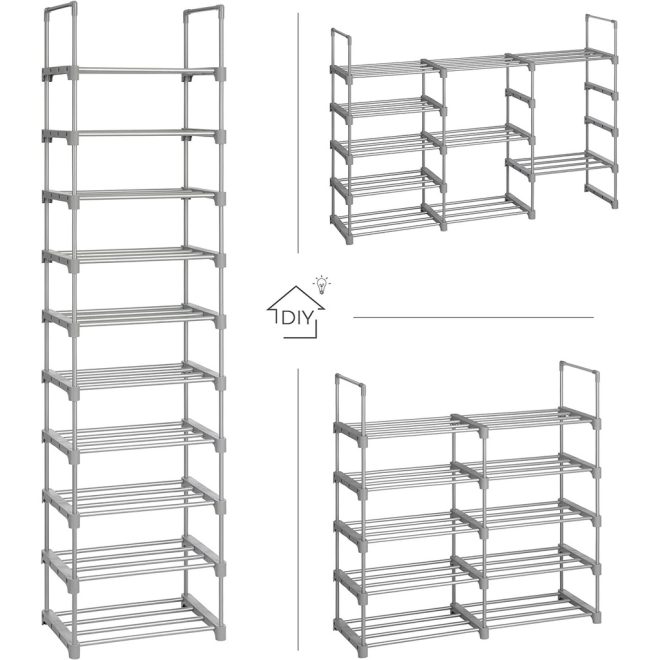 SONGMICS 10-Tier Metal Shoe Rack Customizable Design – Grey