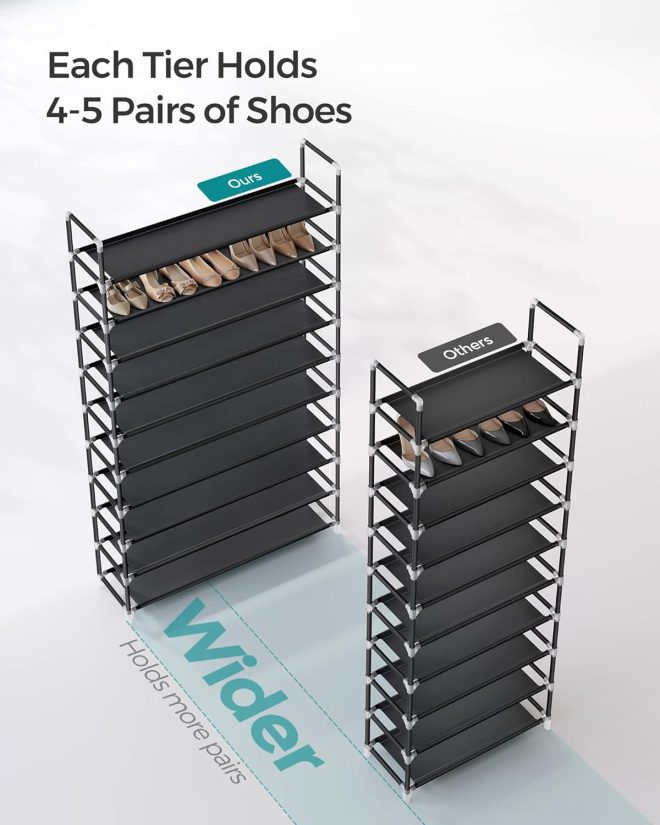 10 Tier Metal Shoe Rack Non-Woven Fabric Shelves Holds up to 50 Pairs Black