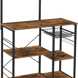 VASAGLE Baker’s Rack with Shelves Microwave Stand with Wire Basket 6 S-Hooks Rustic Brown KKS35X