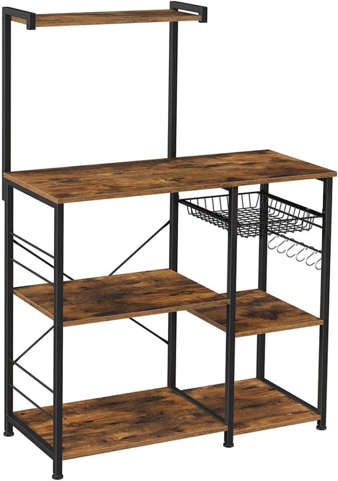 VASAGLE Baker’s Rack with Shelves Microwave Stand with Wire Basket 6 S-Hooks Rustic Brown KKS35X