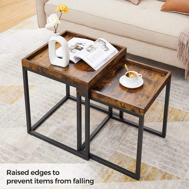 Set of 2 Coffee Tables with Raised Edges Nesting Tables Industrial Rustic Brown and Black