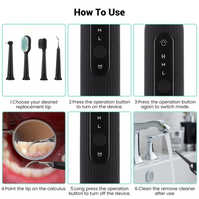 High Frequency Electric Ultrasonic Dental Tartar Plaque Calculus Tooth Remover Set Kits Cleaner with LED Screen – Black